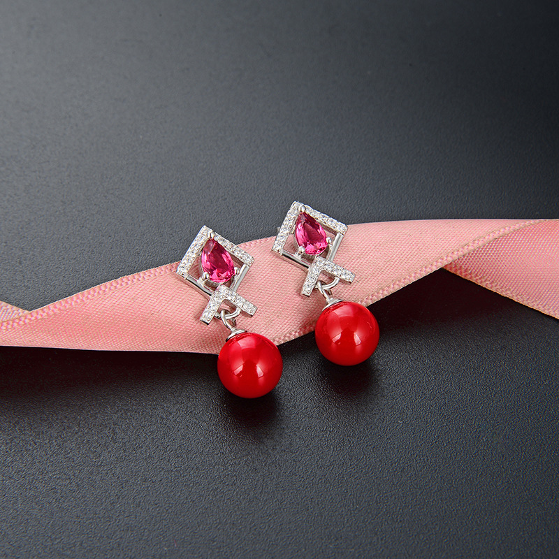 Pendientes de perlas felices rojos Corea del Sur simple s925 pendientes de circón de plata pendientes de diamantes de estilo étnico femenino