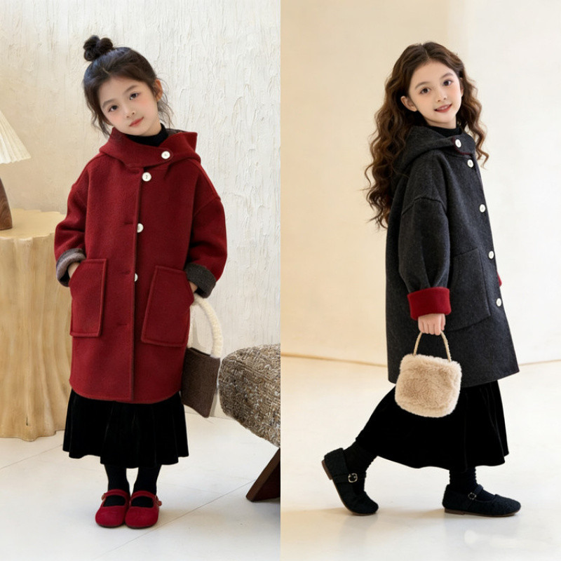 Zhili children's clothing Korean style girls' coat autumn and winter style 2025 new style big kids' double-sided woolen coat mid-length