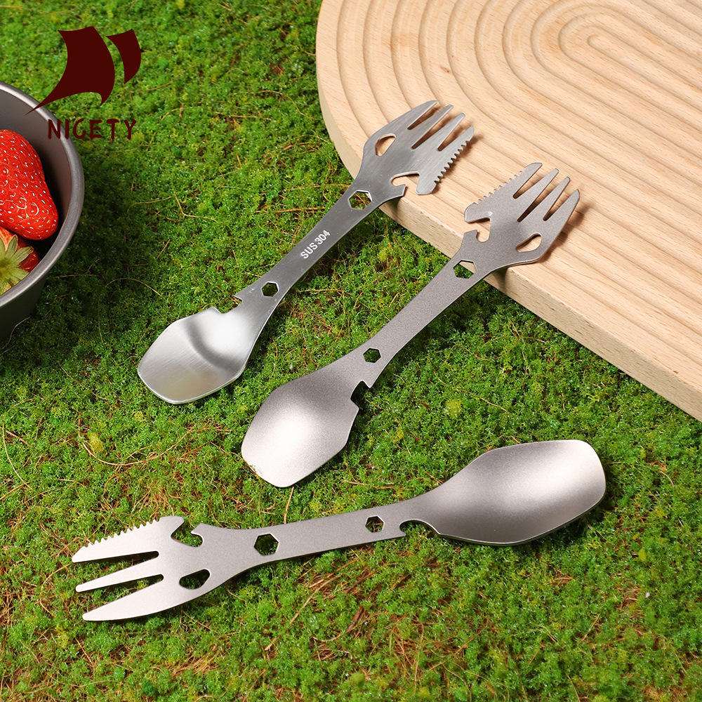 Cuchara de tenedor de titanio puro cubierta al aire libre multifuncional portátil cuchara de tenedor con agujero acampado acero inoxidable cuchara de tenedor equipo de picnic