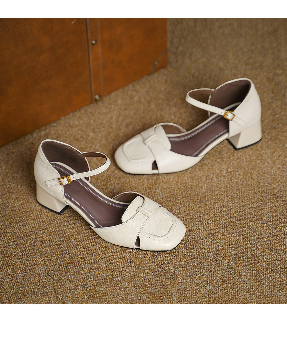 Sandal nữ da dê chạm trổ hoa văn, gót vuông 4,5 cm, mũi vuông hở mũi — đen chi tiết 15