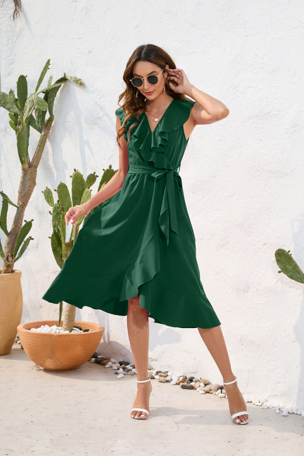 Women Clothing Waist Tight Sexy V neck Dress Casual Vacation Travel Solid Color Dress Sleeveless Split
