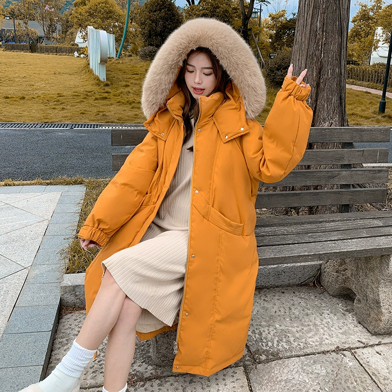 2025 Новый корейский стиль, женская длинная толстая пуховая куртка с меховым воротником из лисы, увеличенный размер 204