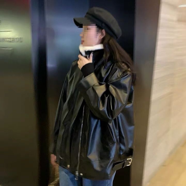 Fleece-Lined Thick Leather Jacket for Women, Winter Korean Style, Loose and Slimming Leather Jacket, Hong Kong Style Retro Biker Jacket, Trendy