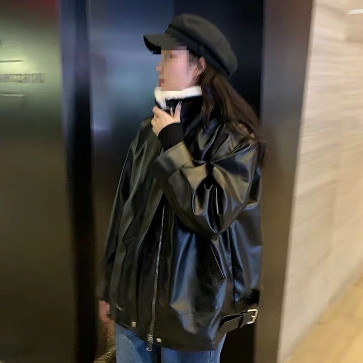 Fleece-Lined Thick Leather Jacket for Women, Winter Korean Style, Loose and Slimming Leather Jacket, Hong Kong Style Retro Biker Jacket, Trendy