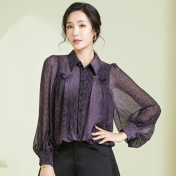 2025 Summer New Women's Clothing Turn-Down Collar Lantern Sleeve Loose Shirt Letter Print Fashionable and Elegant Commuting Chiffon Blouse
