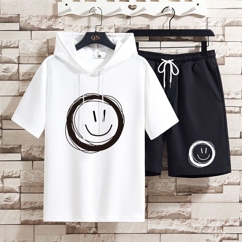 Summer Smiley Face Hooded Short-Sleeve Set Men's Trendy Loose Sweatshirt T-Shirt Stylish Shorts Set 12