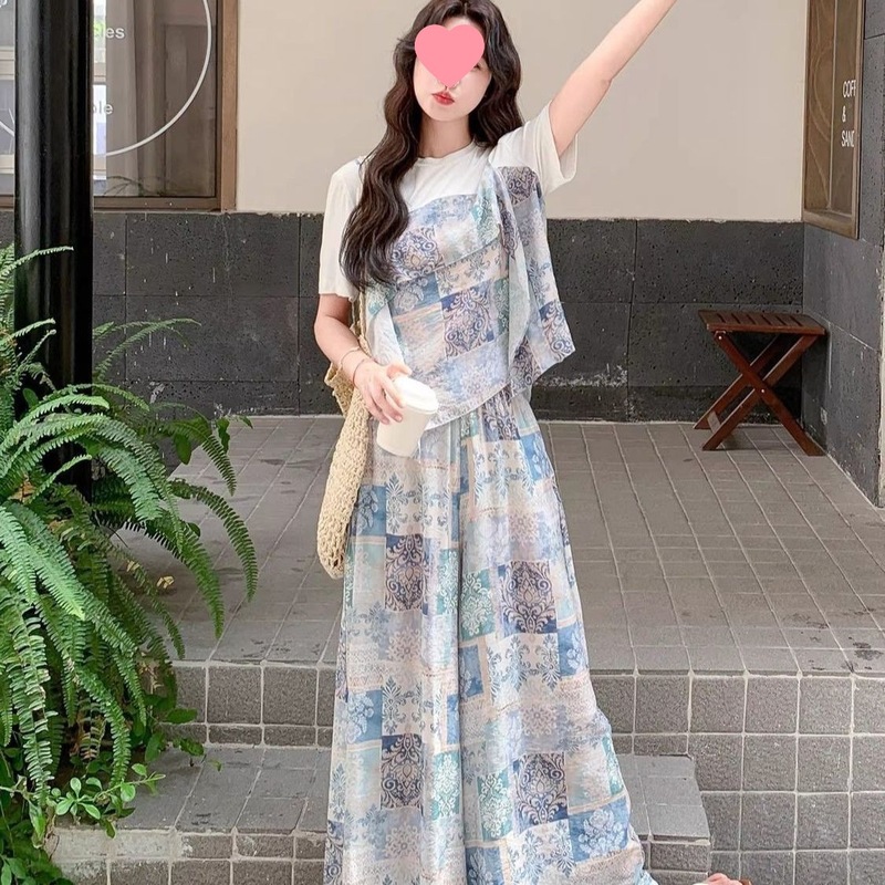 C1X夏季新款韩版设计感拼接假两件印花短袖上衣休闲宽松阔腿裤两|undefined