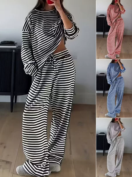 Amazon European and American Women's Fashion Hot-Selling 2026 Spring Striped Casual Set Long-Sleeve Top High-Waisted Long Pants Two-Piece Set