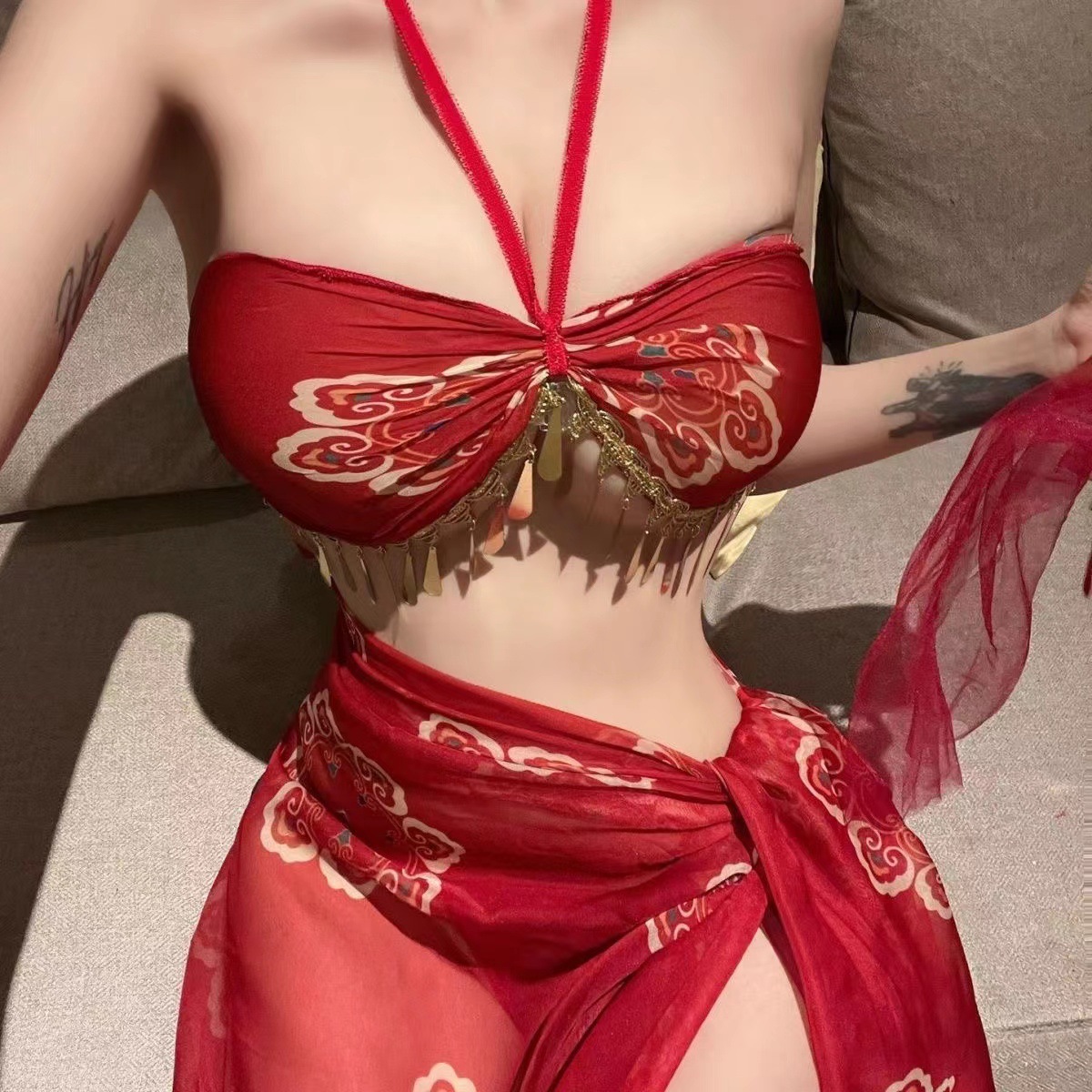 Backless Halter Mesh Hanfu-Style Lingerie Nightdress with Bib Top and Briefs — detail image 6