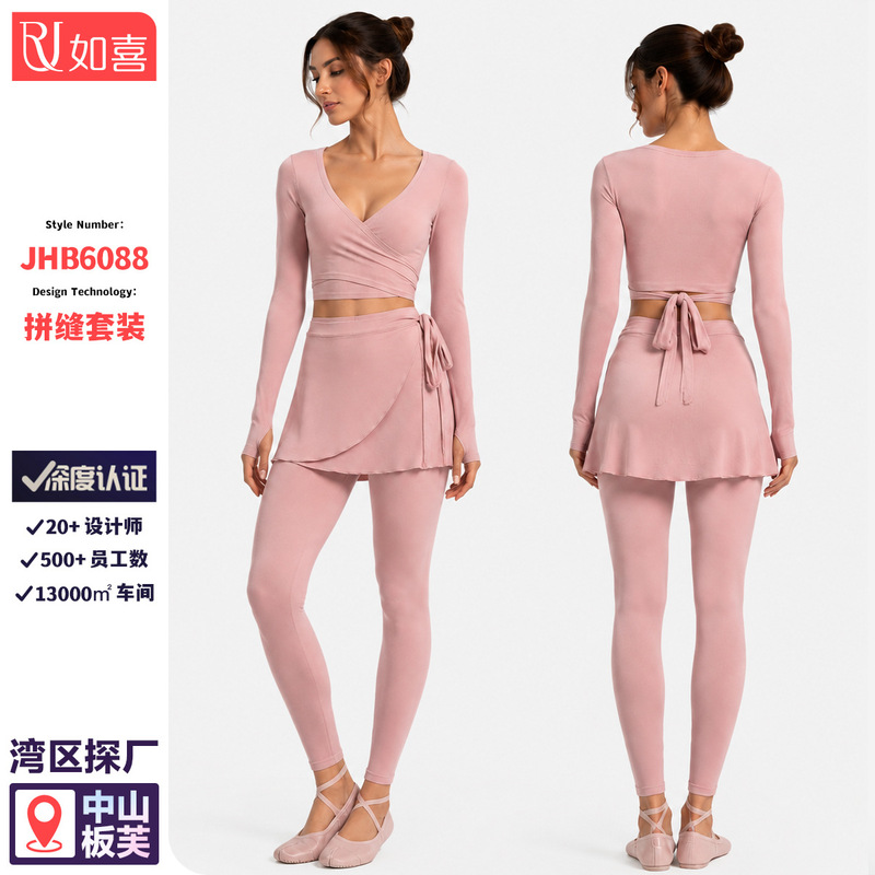 Cross-Border Long-Sleeved Yoga Wear, Front Cross-Tie Yoga Top, Ballet-Style Sports Fitness Long-Sleeved Set