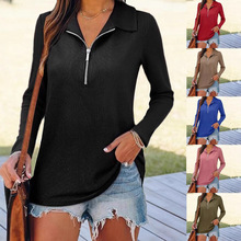 2025欧美跨境秋冬亚马逊wish新款女装针织面料翻领拉链休闲长袖女