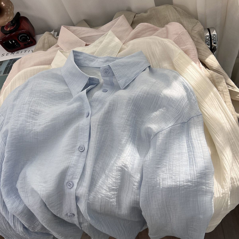 Cool Ice Silk Texture Blue Sun Protection Shirt for Women in Summer, Light and Elegant, Casual and Versatile Long-Sleeved Shirt Jacket