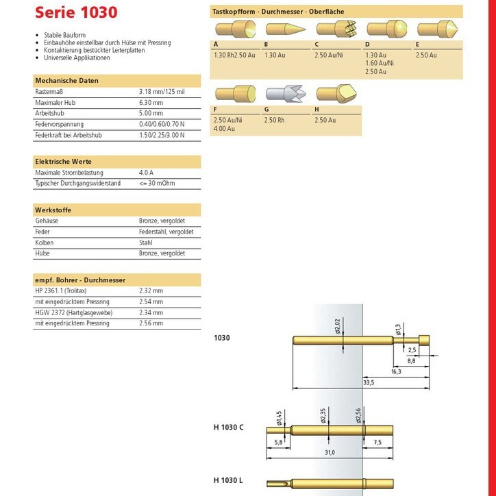代理低价直供德国PTR测试探针1030进口ict弹簧针PCB电源充电