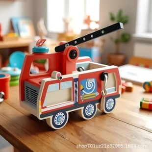 Wooden Kidsren's Disassembly Nut Combination Fire Truck Baby Educational DIY Busy Board 3-6 Tight Screw Training Toy