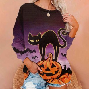 2023 European and American Amazon independent station TEMU new sweater women's Halloween Pumpkin 3D printed round neck sweater