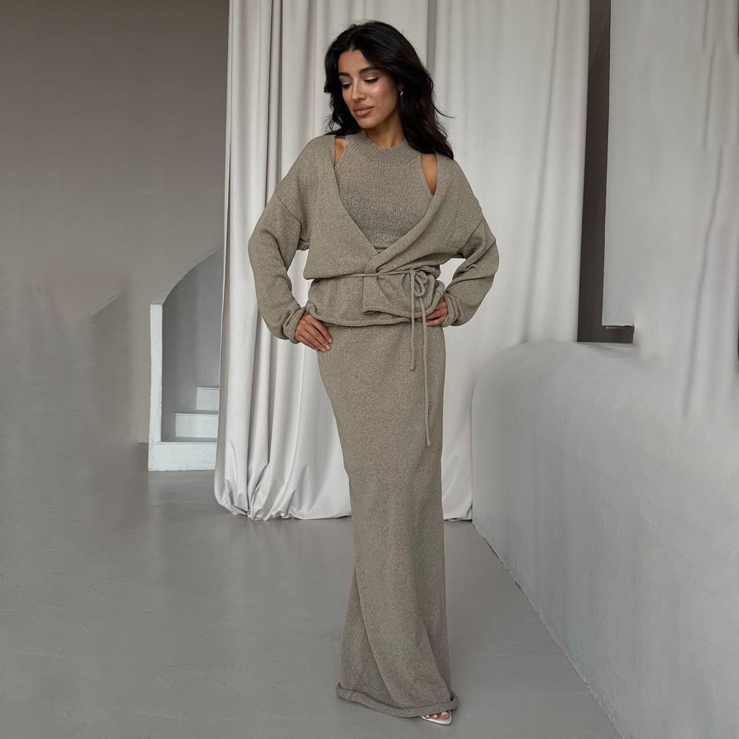 法式慵懒风系带针织三件套无袖修身背心款式长袖开衫包臀拖地半裙