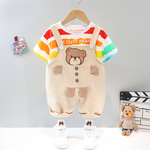 Baby boy summer clothes, new style, striped letters, short-sleeved overalls, two-piece set, summer suit for children aged 1 to 4 years old