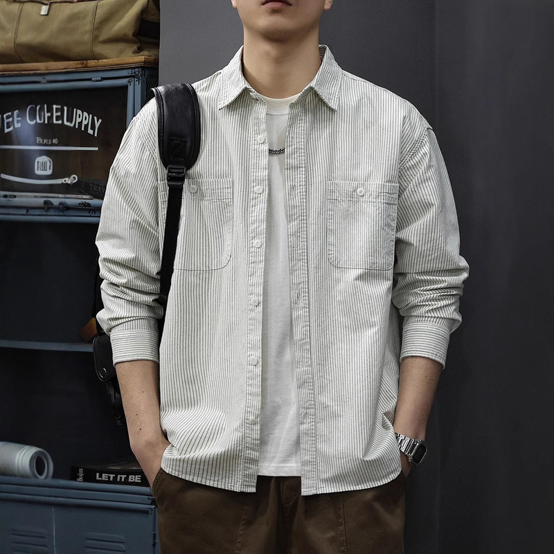 Oxford striped men's shirt 2025 cotton spring new Japanese vintage lapel shirt long sleeve coat fashion