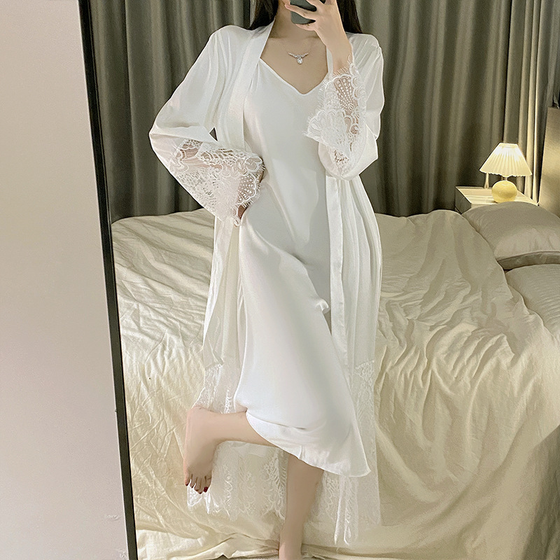Bridal Morning Robe, Women's Nightgown, French-Style White High-End Wedding Robe, Ethereal 2025 New Model, Bridesmaid Two-Piece Set for Summer