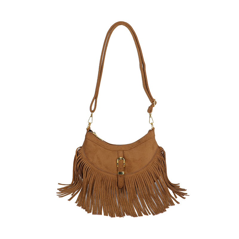 American Retro Deerskin Tassel Bag For Women 2025 Autumn New Maillard Saddle Bag Ethnic Style Shoulder Crossbody Bag - Thumbnail 7