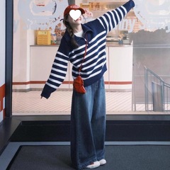 法式翻领条纹长袖毛衣女2025秋季宽松慵懒风套头半拉链针织衫上衣