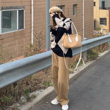 秋季搭配小个子显高酷女孩穿搭菱格毛衣直筒裤套装复古港风两件套