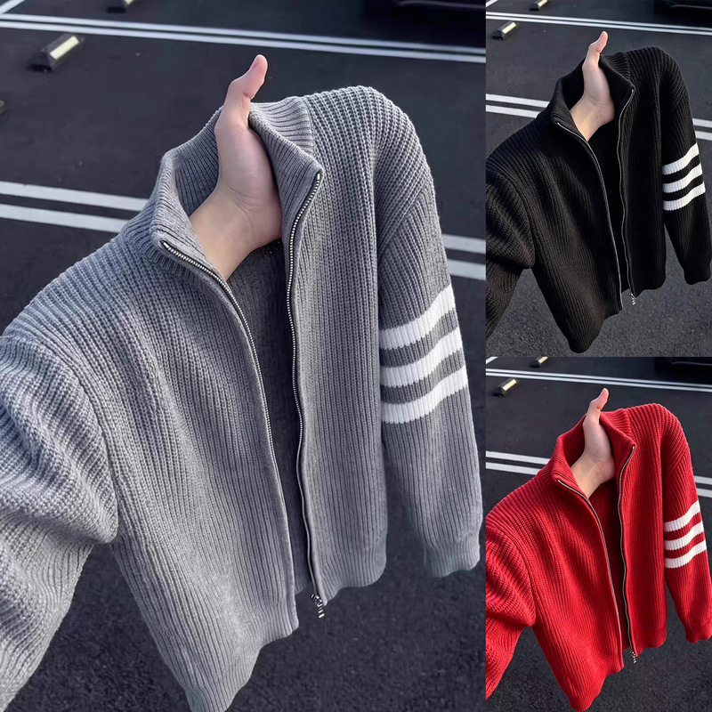 Three-bar knit sweater cardigan jacket for men, autumn and winter, loose and casual, new popular model, foreign trade cross-border wholesale