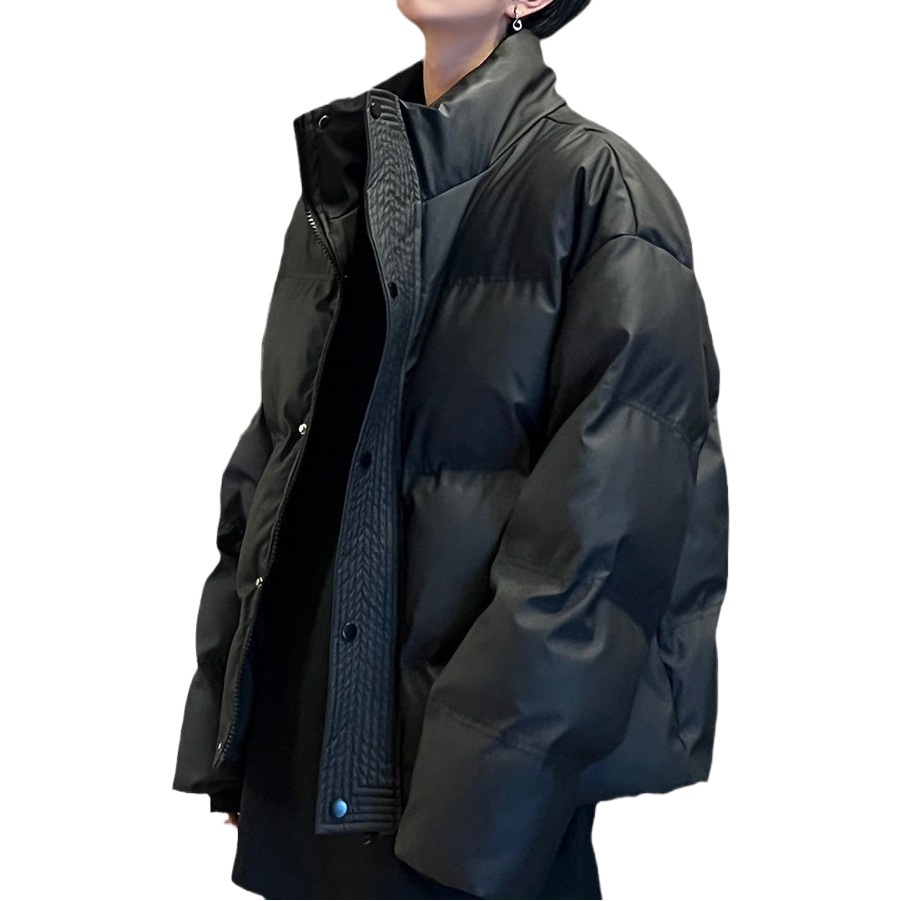 Cuero DE LA PU de algodón acolchado abrigo hombres American High Street marca de moda suelta gruesa chaqueta caliente corto a prueba de viento de cuello alto abrigo de pan casual