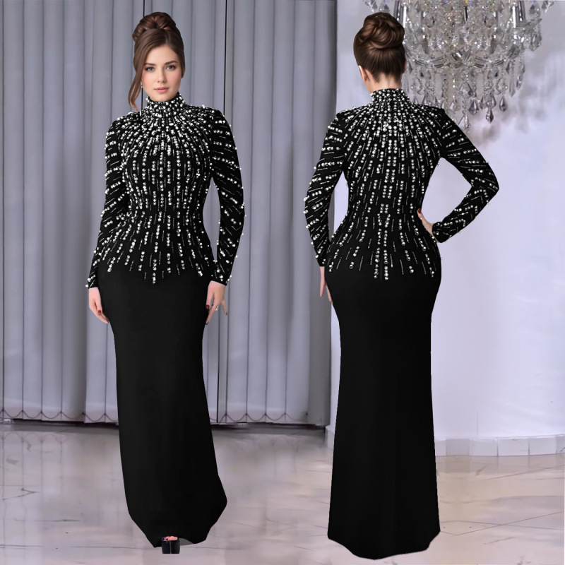 C7379 クロスボーダー AliExpress Amazon ヨーロッパとアメリカのファッション婦人服気質長袖ビーズホットダイヤモンドアームドレス|undefined