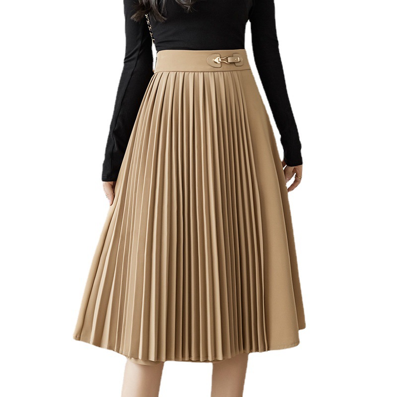 Lady Pleated Skirt Midi High Waist Zip A-line Casual French Black
