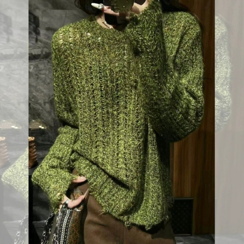 Korean-Style Lazy Style Green Hollow-Out Pullover Sweater for Women, 2025 Autumn New Model, Super Stylish and Soft Knit Top