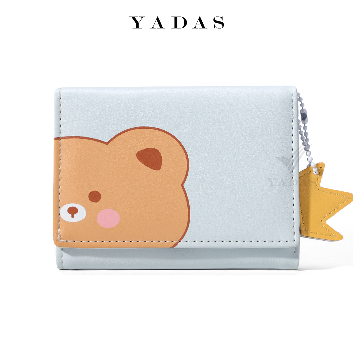 [Adorno pequeño de corona amarilla] YADAS lindo bolso de tarjeta para mujer hebilla de moda PU corto tres pliegues billetera