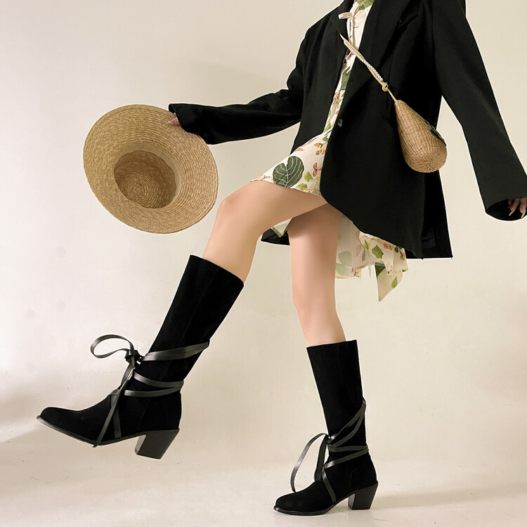 2022 foreign trade cross-border new women's European and American street fashion high boots pointed high chunky heel ankle strap boots