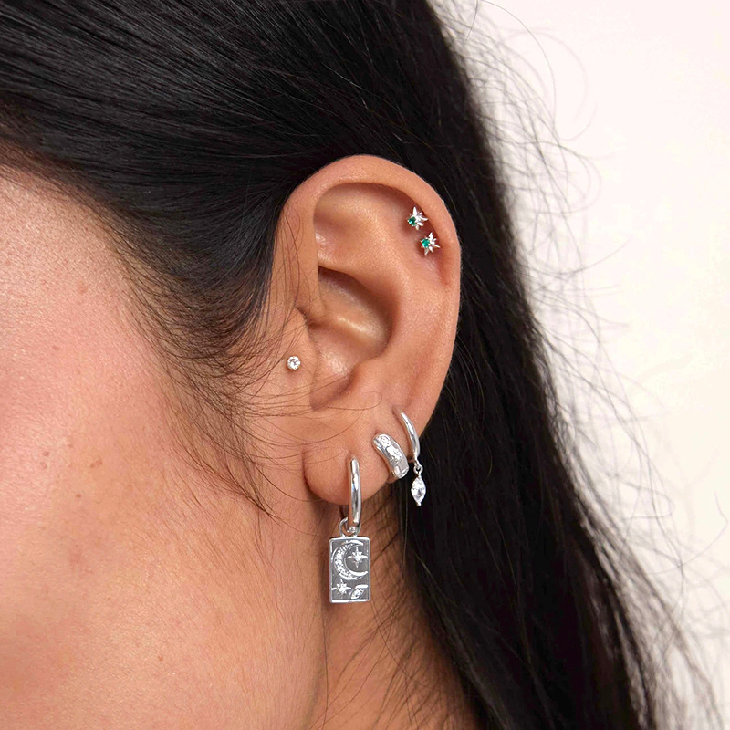 Copper Metal Broken Zirconium Star and Moon Earrings Female