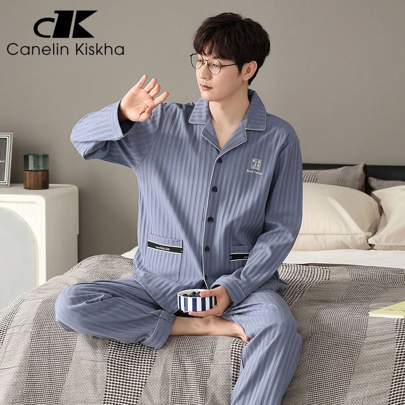 Primavera y otoño pijamas de algodón de manga larga se pueden usar fuera para hombres 2023 nuevo otoño red viento rojo para hombres ropa de hogar de tamaño grande