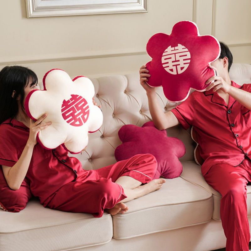 F8H Wedding Pillow, a Pair of Happy Words, Flowers, Wedding Room Pillow, Red Decoration, Bed, Living Room, Sofa, Large Wedding Room