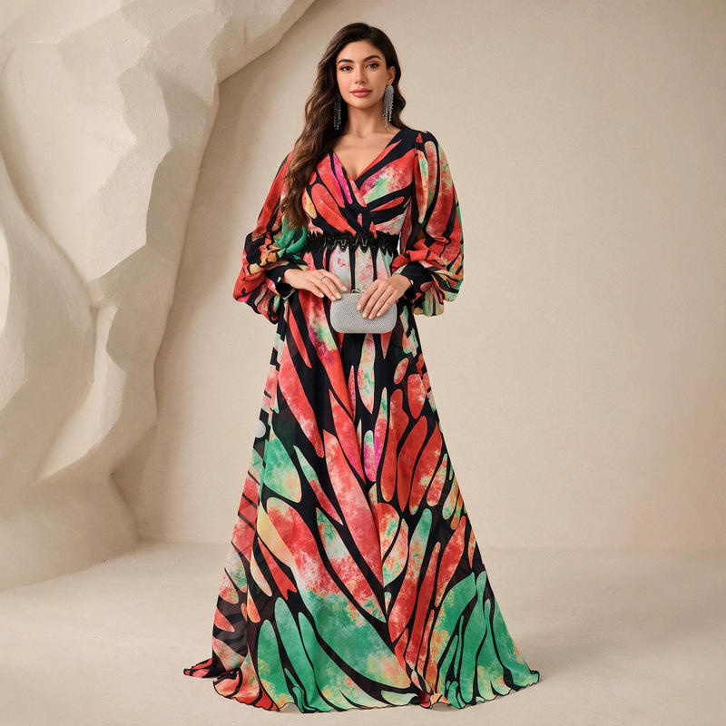 European and American Cross-Border V-Neck Digital Watercolor Print Long-Sleeve Chiffon Dress with Waist Embroidery Decoration and Large Hem, New