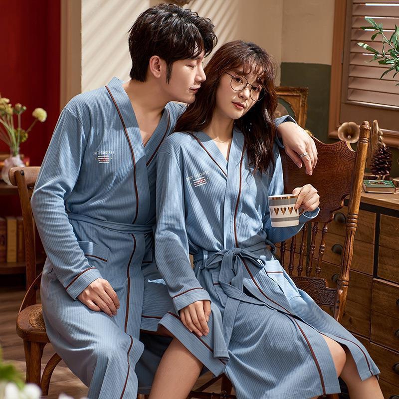 커플의 밤가운 봄과 가을 긴 목욕 가운 여성과 남자의 가을과 겨울 긴 소매 얇은 일본식 잠옷 쌍
