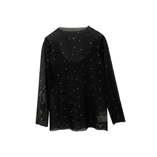 Ladies' Summer Lace Top Long Sleeve Mesh-like Korean T-shirt Children Transparent Embroidered Diamond Base Shirt
