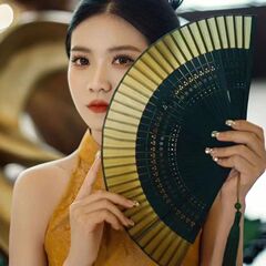 中国風結婚花嫁写真扇子道具グラデーション色ダンス中国式漢服チャイナドレス古風朝拍扇風機