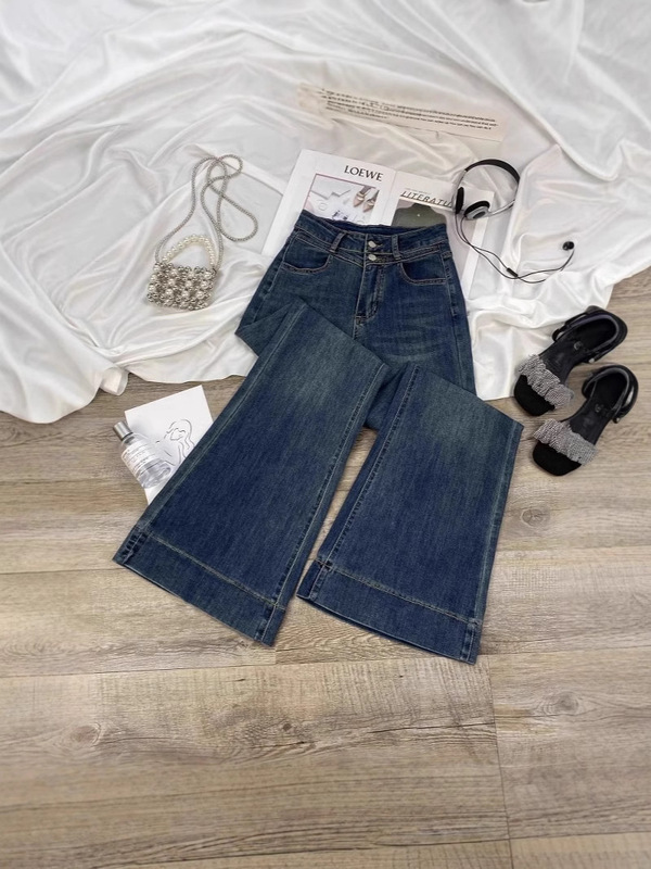 New Trendy High-Waisted Slim-Fit Versatile Double-Button Stretch American High Street Retro Flared Jeans for Women