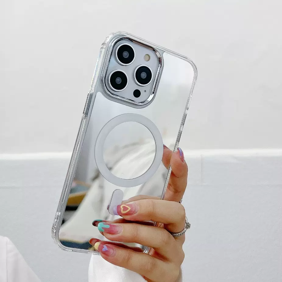 镜面磁吸适用iPhone15ProMax手机壳苹果14硬壳软边16镜子12保护套