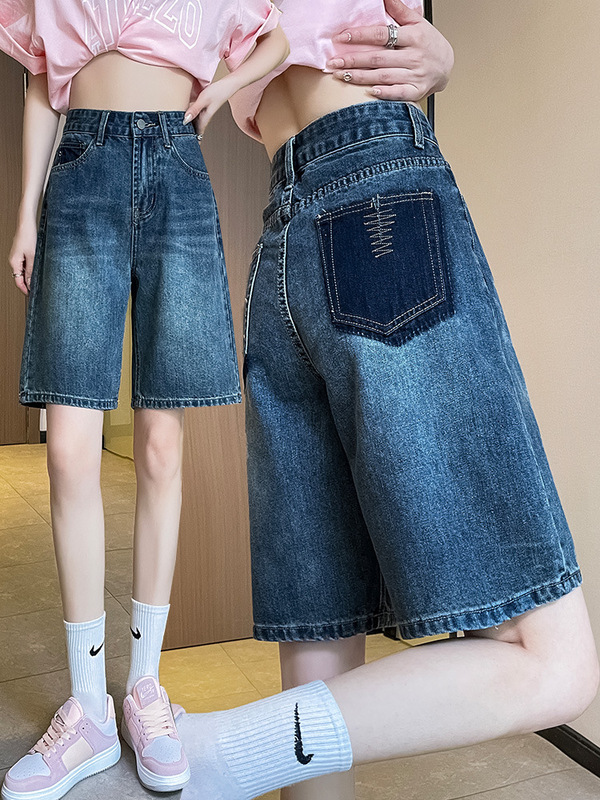 Denim Shorts for Women with Thick Thighs, Summer Thin Style, Color-Blocking, Wide-Leg, High-Waisted, Loose Fit, Straight-Cut, Short Pants Denim Shorts for Women with Thick Thighs, Summer Thin Style, Color-Blocking, Wide-Leg, High-Waisted, Loose Fit, Straight-Cut, Short Pants