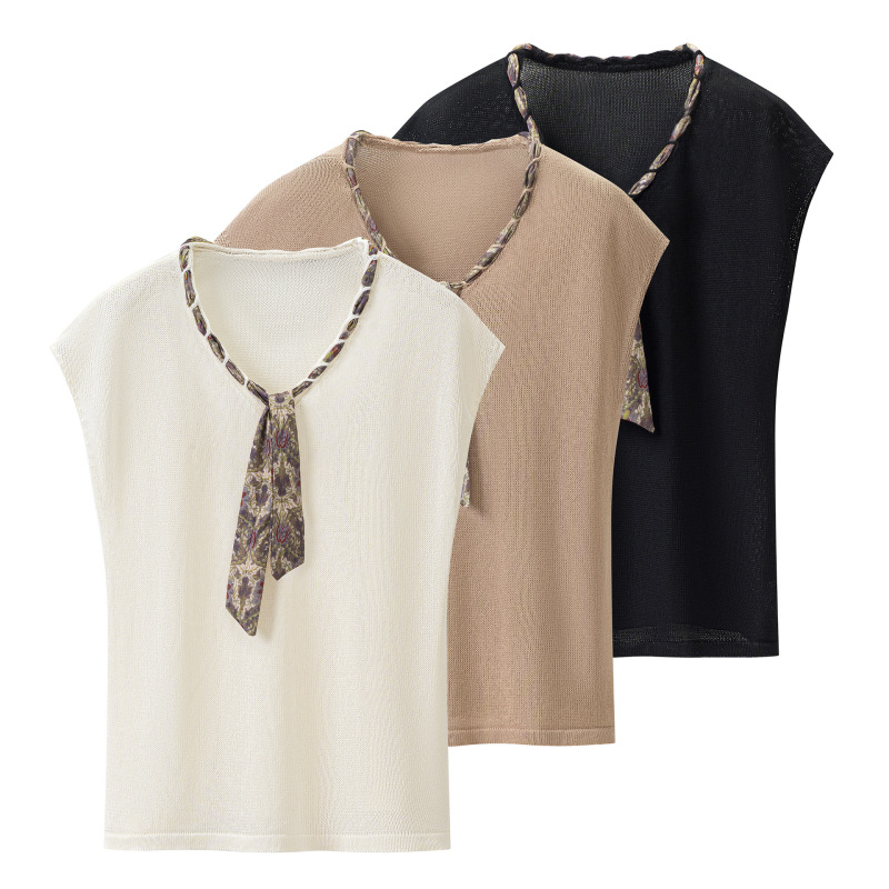 00Hm-3329 Small Flying Sleeve Tie-Up Knit Short-Sleeve 2026 Summer New Style Gentle and Elegant Sleeveless T-Shirt Top