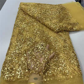 绿色网纱珠管绣重工珠片绣花高档礼服蕾丝布料礼服beads lace