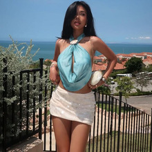 欧美外贸2025时尚新款女装挂脖荡领镂空贝壳金属盘扣纯色性感上衣