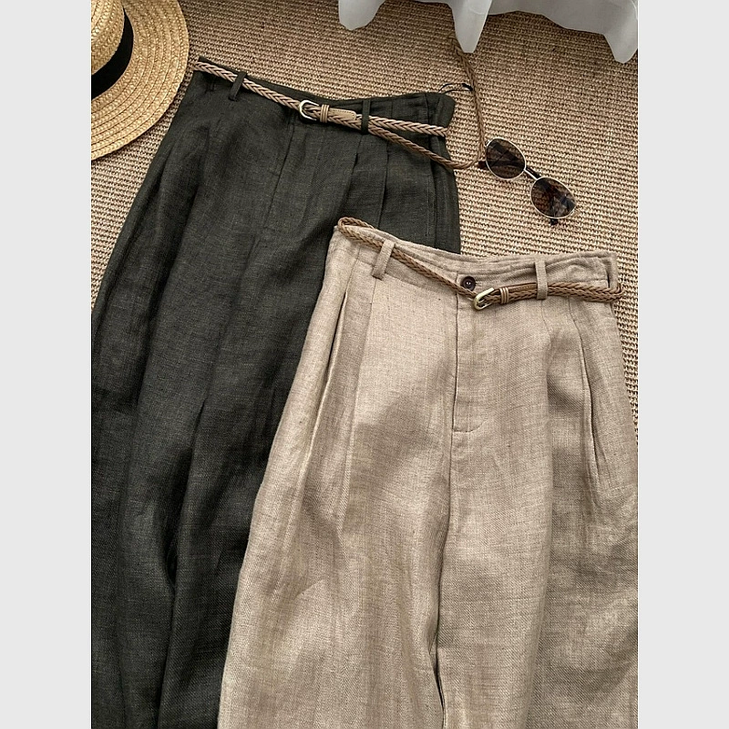 Широкие льняные брюки цвета хаки в стиле «старые деньги» для женщин, лето 2025, высокая талия, тонкие, стройнящие, свободные, прямые, повседневные.