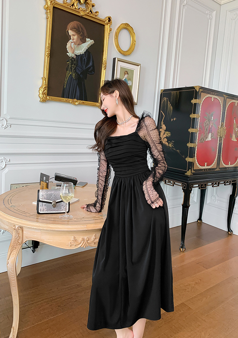 Váy đen ngắn kiểu Hepburn phối lưới tay bồng cổ vuông eo xếp ly — Màu đen chi tiết 5