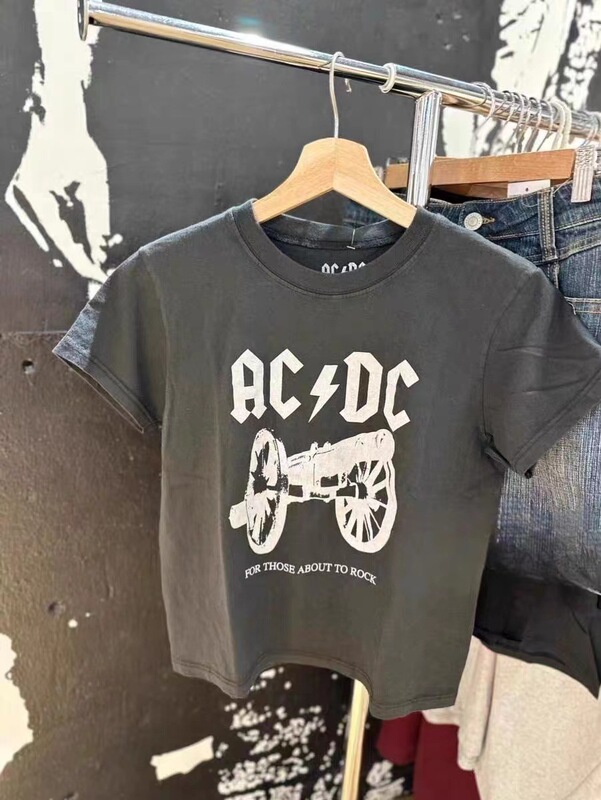 BM style summer new American black ACDC printed short-sleeved T-shirt women's slim-fit slimming hot girl top