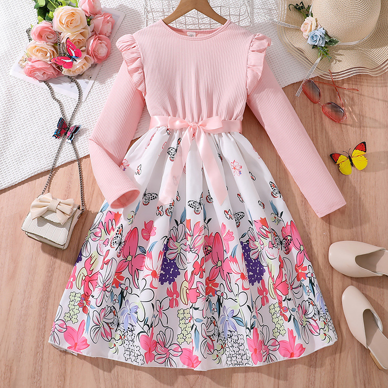 INS Girls' Autumn New Mid to Large Children's Long Sleeve Pit Strip Splicing Flower Butterfly Printed Dress_voghion.com
